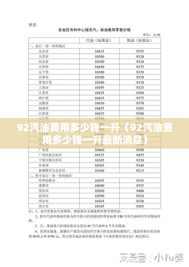 92汽油费用多少钱一升（92汽油费用多少钱一升最新消息）