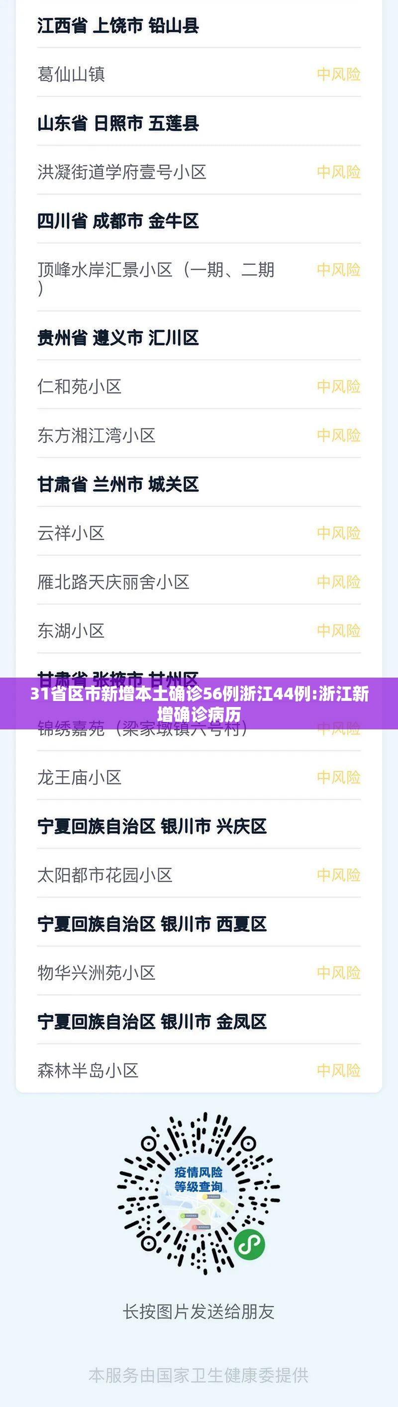 31省区市新增本土确诊56例浙江44例:浙江新增确诊病历