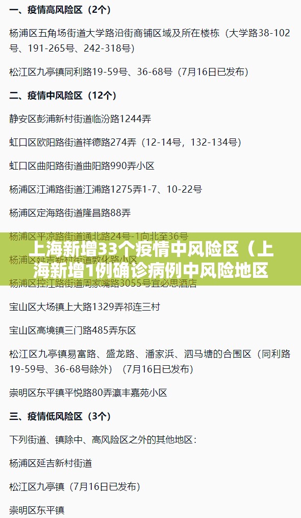 上海新增33个疫情中风险区（上海新增1例确诊病例中风险地区）