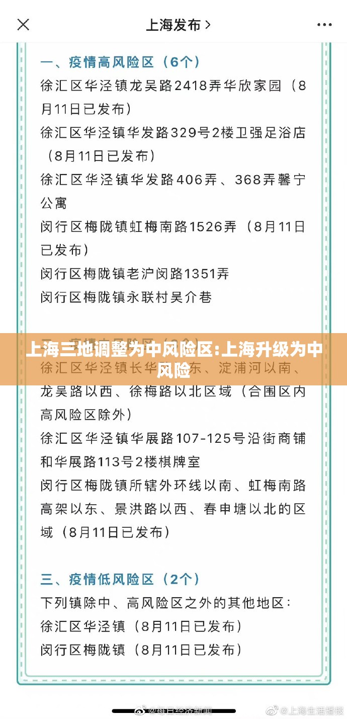 上海三地调整为中风险区:上海升级为中风险 上海三地调整为中风险区:上海升级为中风险