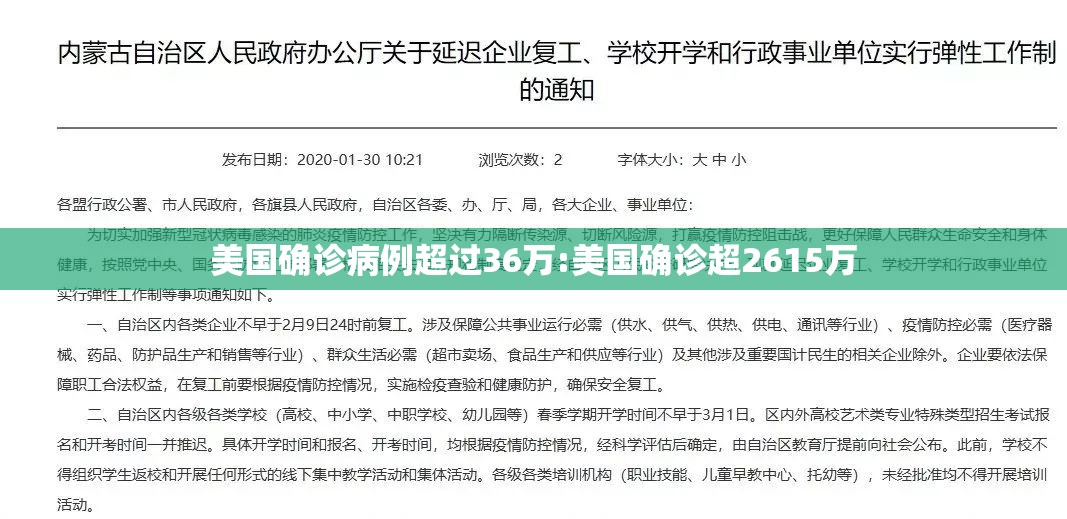 美国确诊病例超过36万:美国确诊超2615万