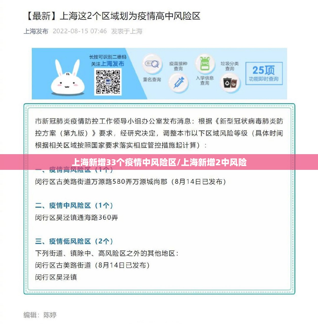 上海新增33个疫情中风险区/上海新增2中风险