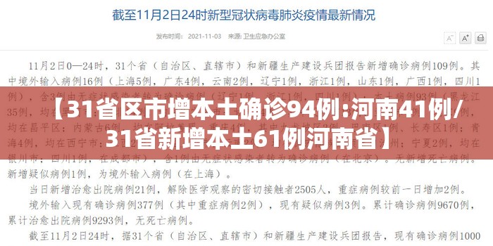 【31省区市增本土确诊94例:河南41例/31省新增本土61例河南省】 【31省区市增本土确诊94例:河南41例/31省新增本土61例河南省】