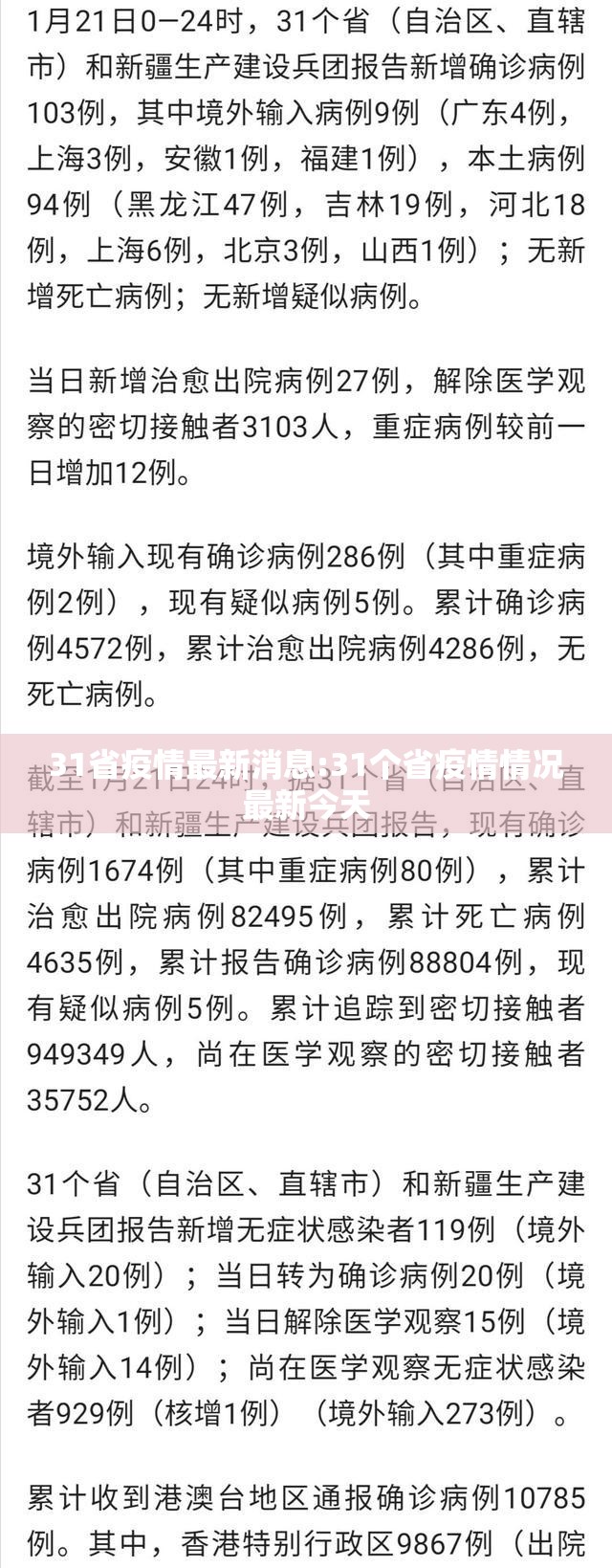 31省疫情最新消息:31个省疫情情况最新今天