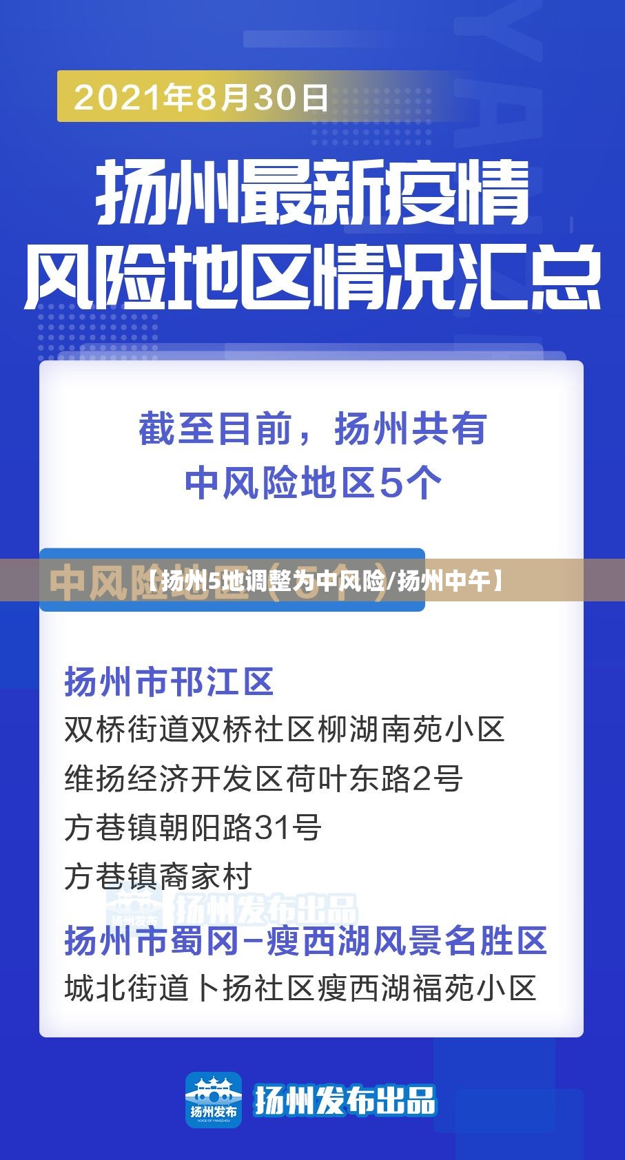 【扬州5地调整为中风险/扬州中午】 【扬州5地调整为中风险/扬州中午】